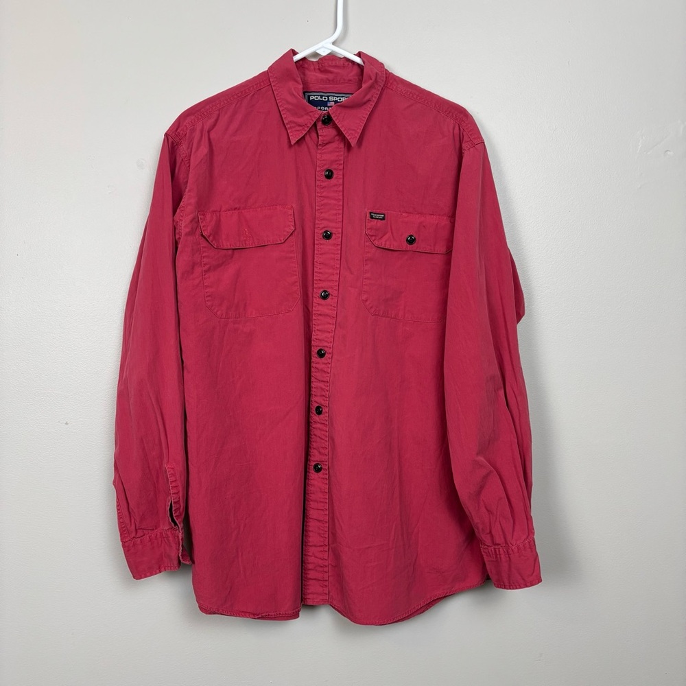 Vtg‎ Polo Sport Shirt Mens Lg Red Sportsman 90's Cotton Long Sleeve Button Front